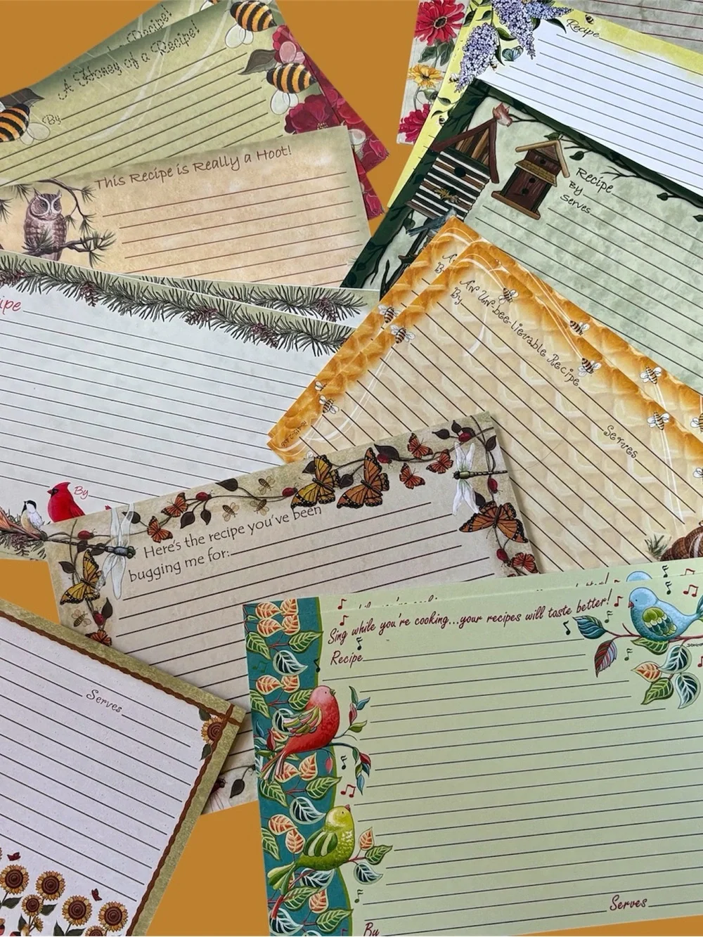 Recipe Cards - Bee, Bird, Flower Designs assorted new set 24 cards made in USA